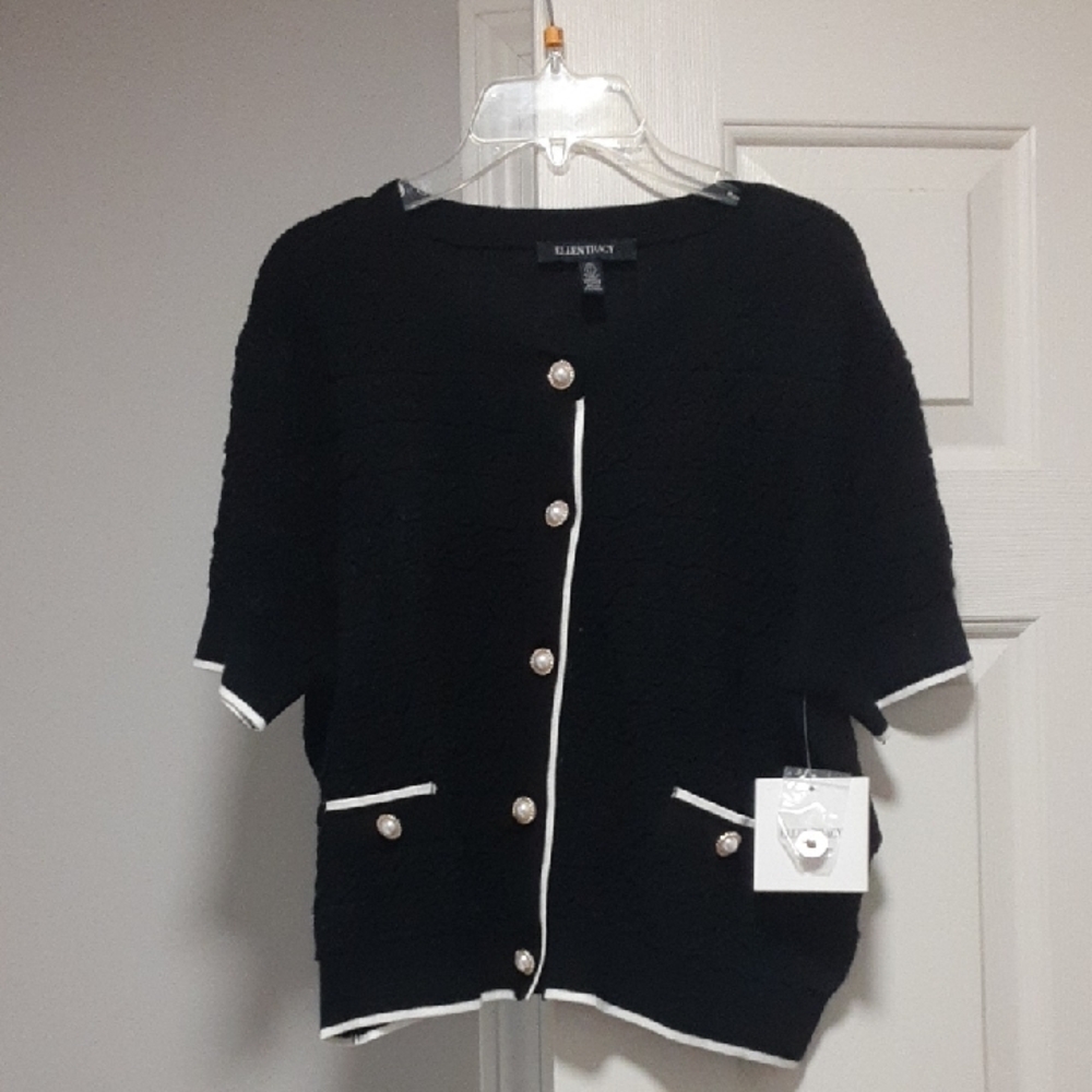 Ellen Tracy Black Short-Sleeve Cardigan with White Piping and Pearl Buttons